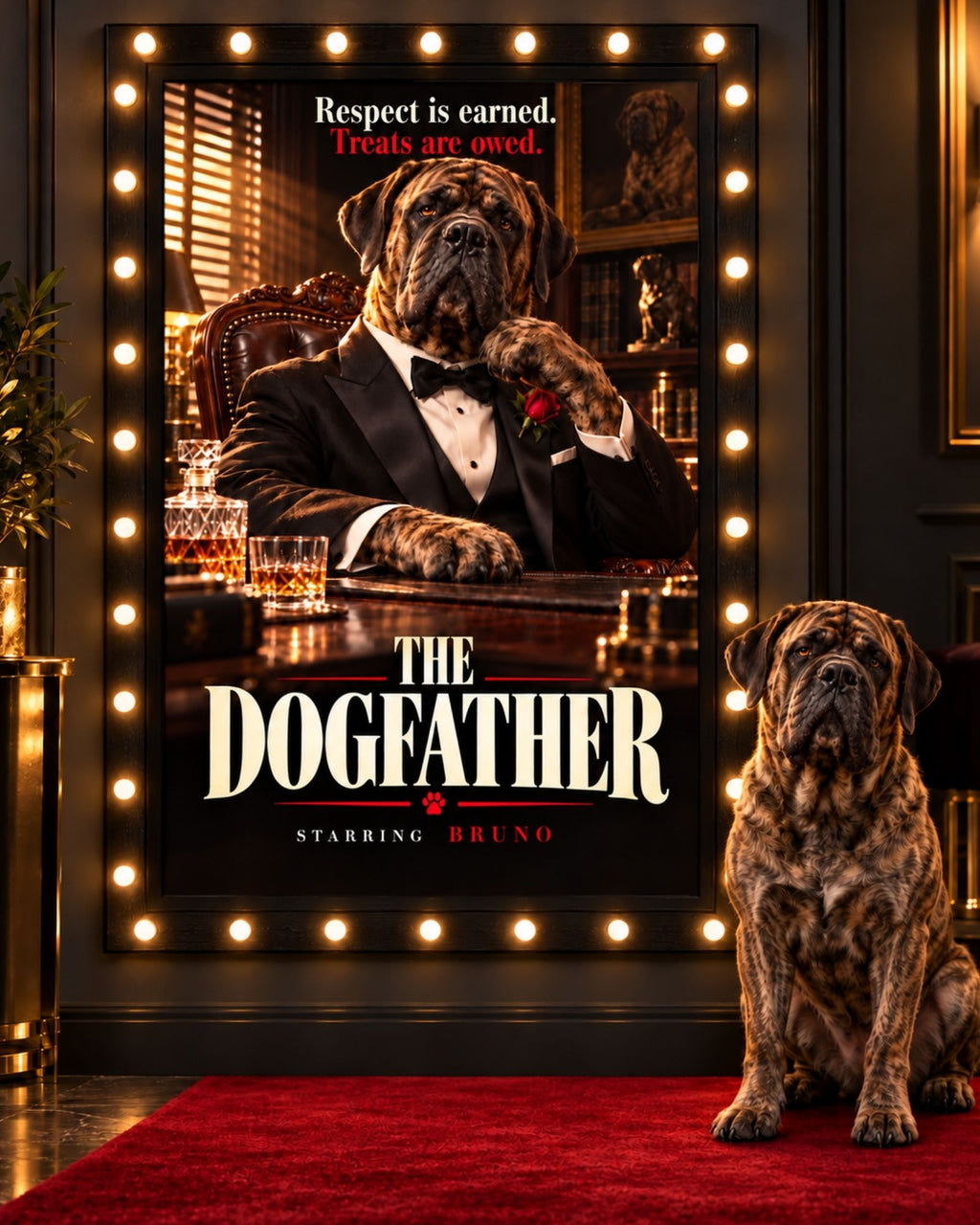 The Dogfather cinematic custom dog portrait movie poster artwork from PawpStarz