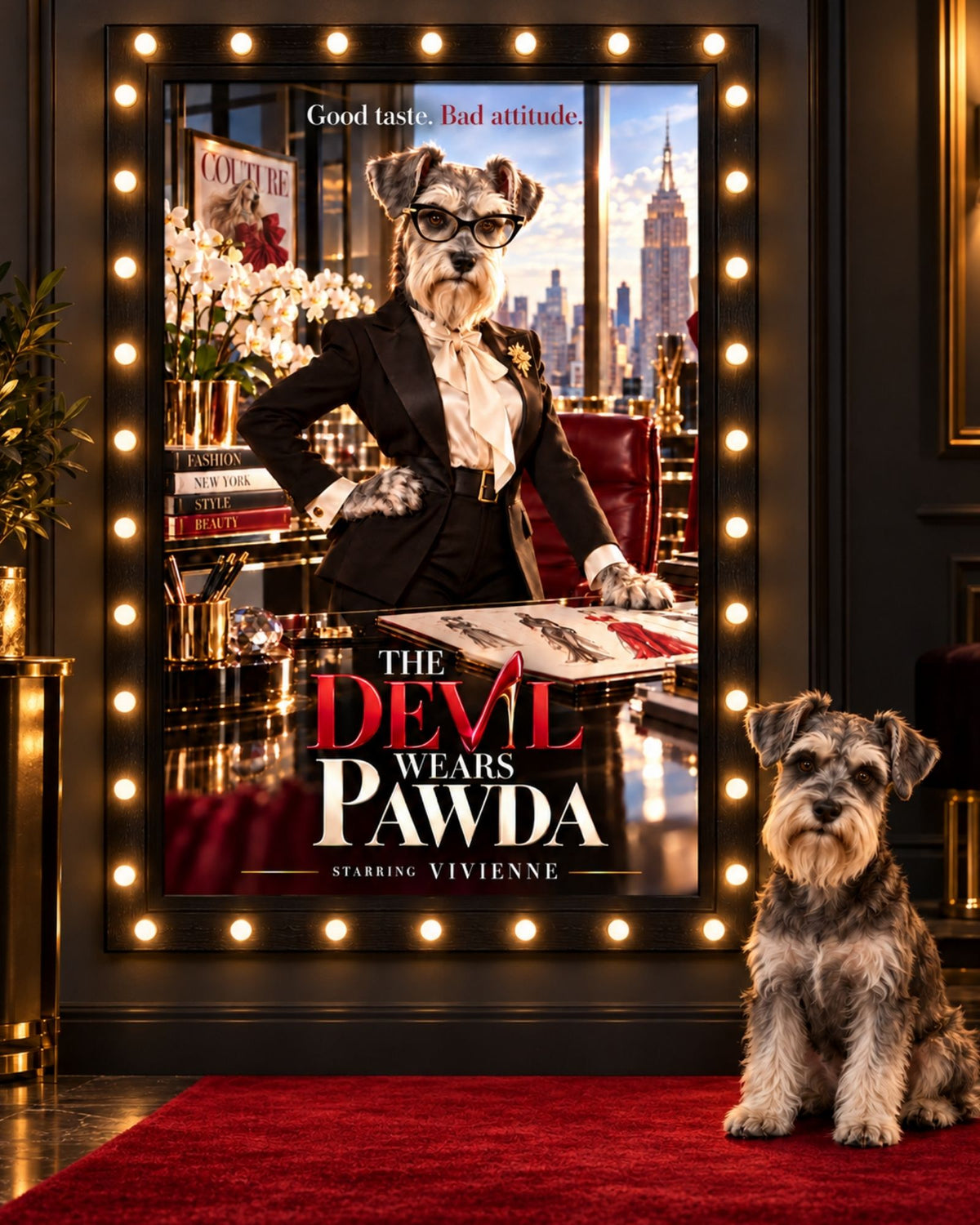 The Devil Wears Pawda cinematic custom dog portrait movie poster artwork from PawpStarz