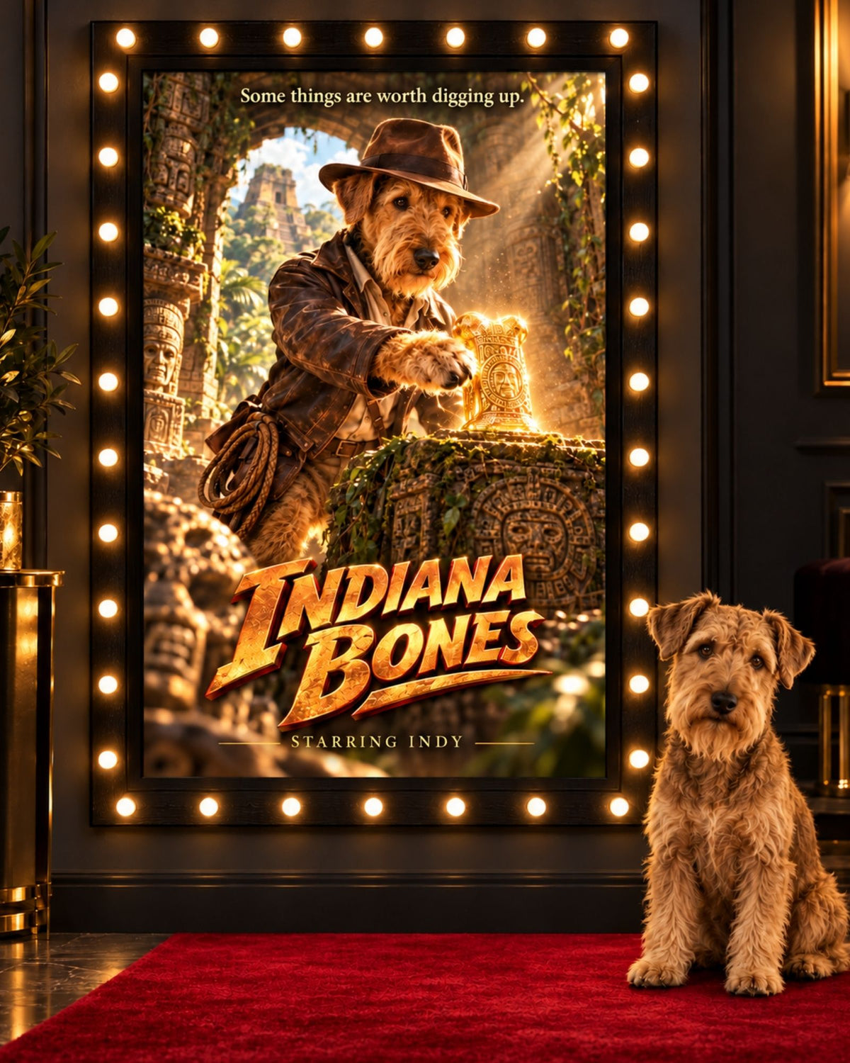 Indiana Bones cinematic custom dog portrait movie poster artwork from PawpStarz
