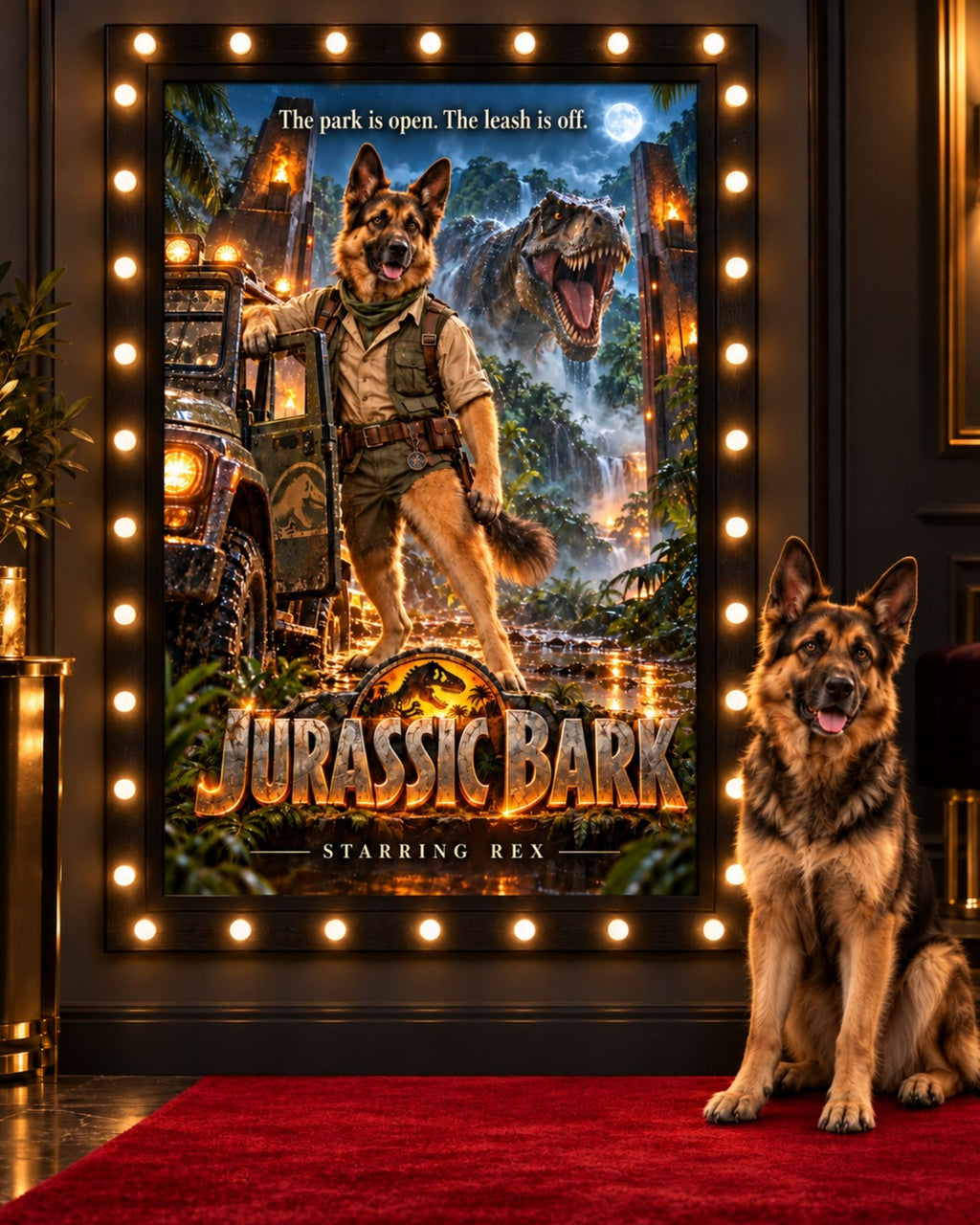 Jurassic Bark cinematic custom dog portrait movie poster artwork from PawpStarz
