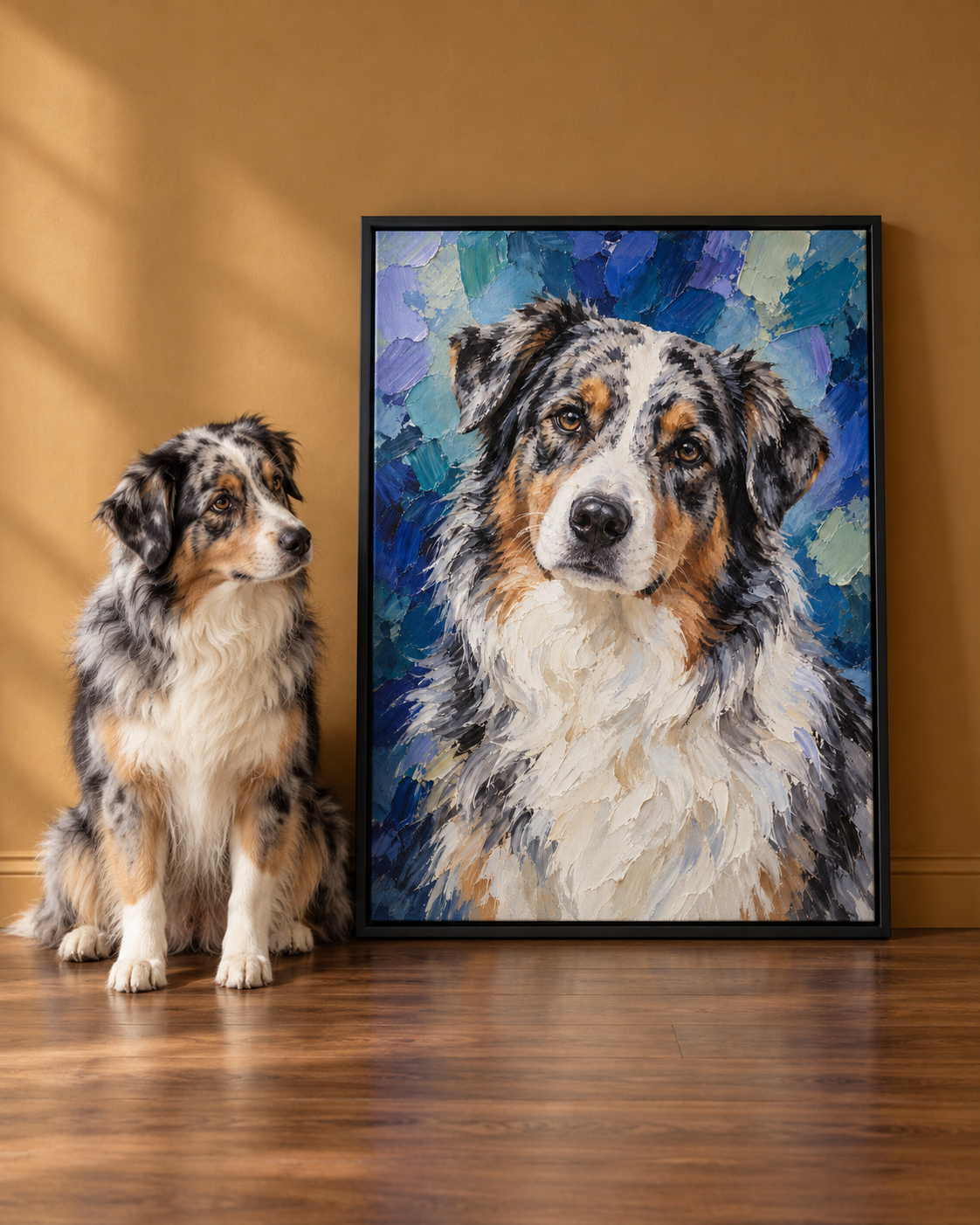 Azure expressive custom dog portrait displayed as colorful framed wall art