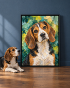 Verdant expressive custom dog portrait displayed as colorful framed wall art