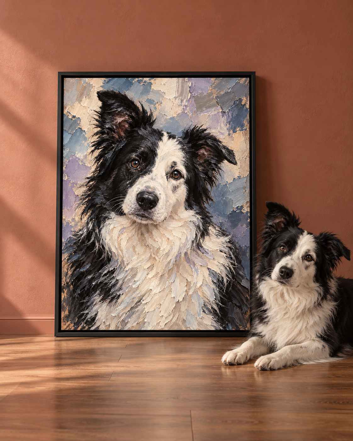 Slate expressive custom dog portrait displayed as colorful framed wall art