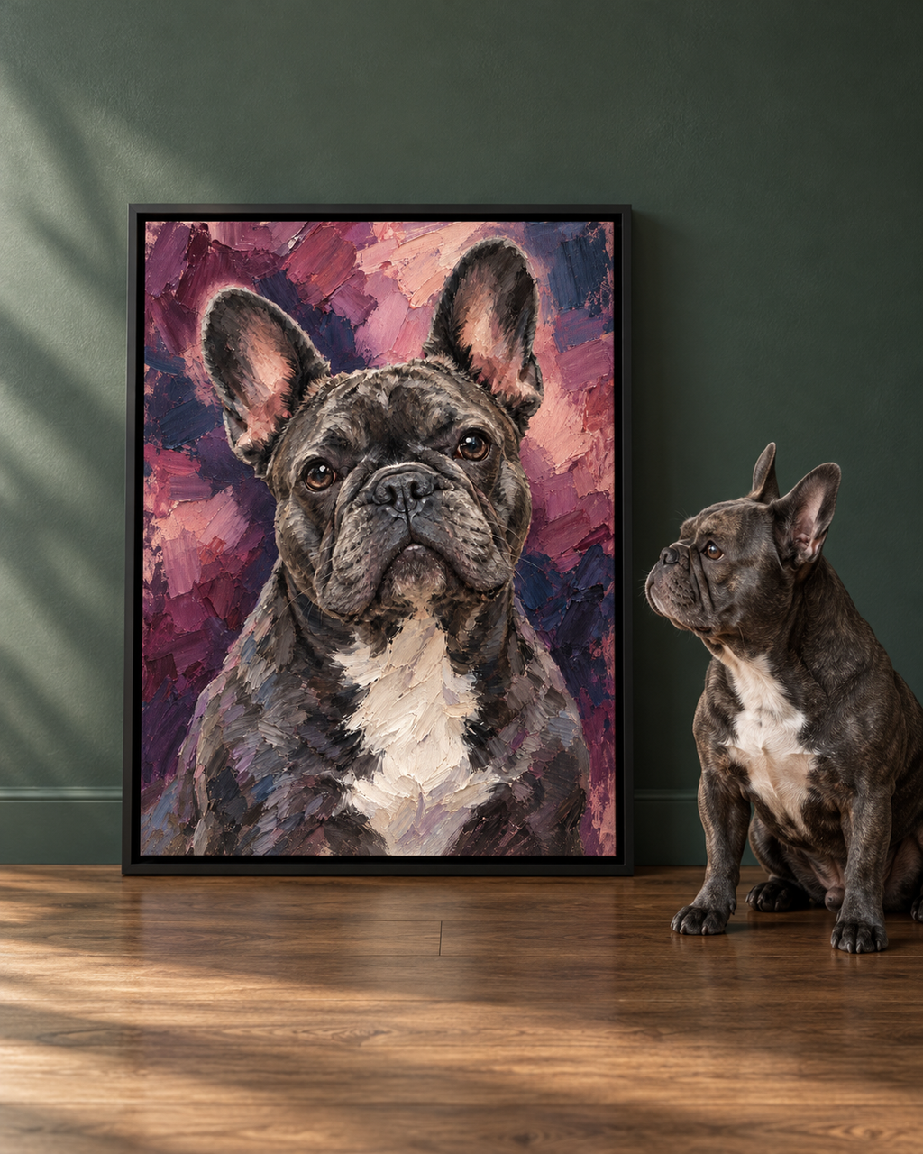 Velvet expressive custom dog portrait displayed as colorful framed wall art