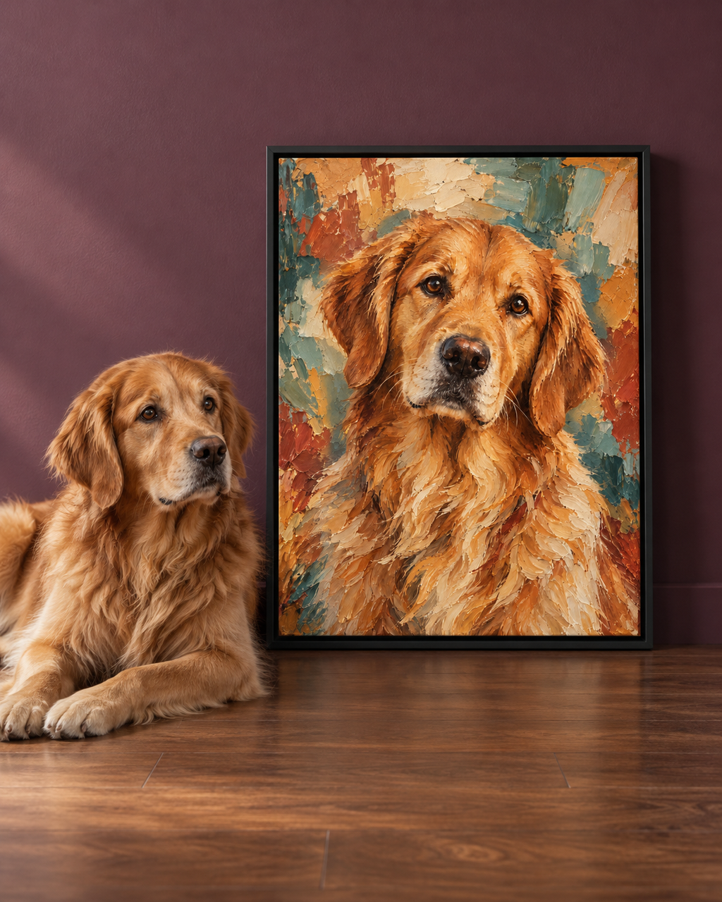 Amber expressive custom dog portrait displayed as colorful framed wall art