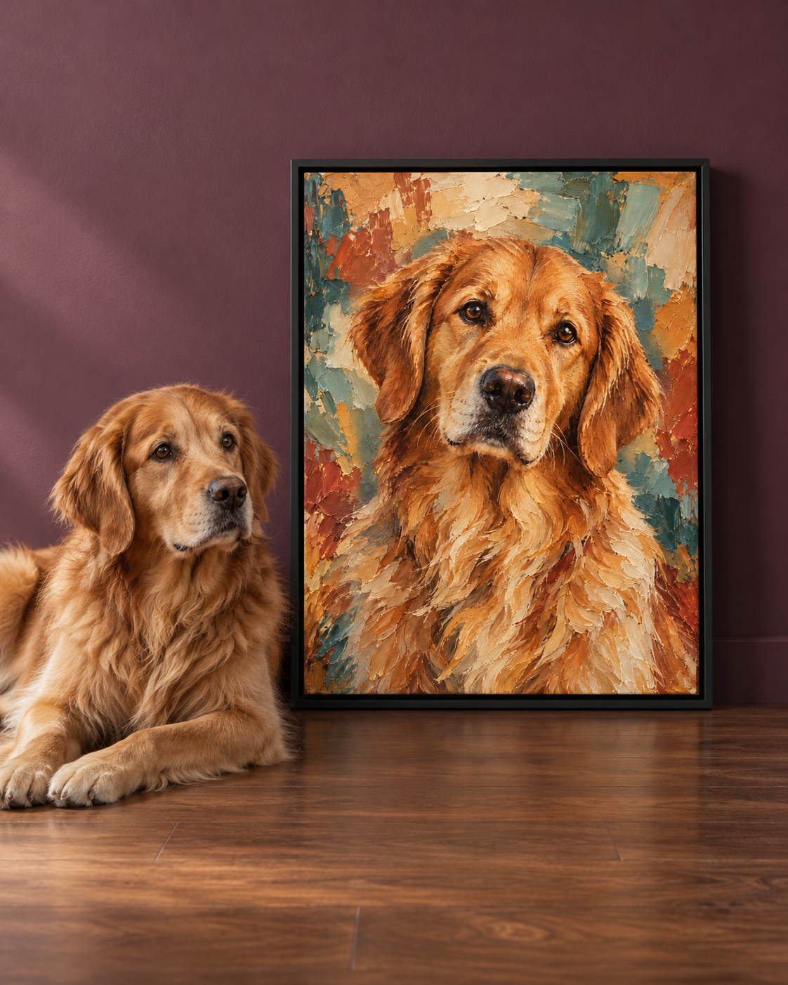 Amber expressive custom dog portrait displayed as colorful framed wall art