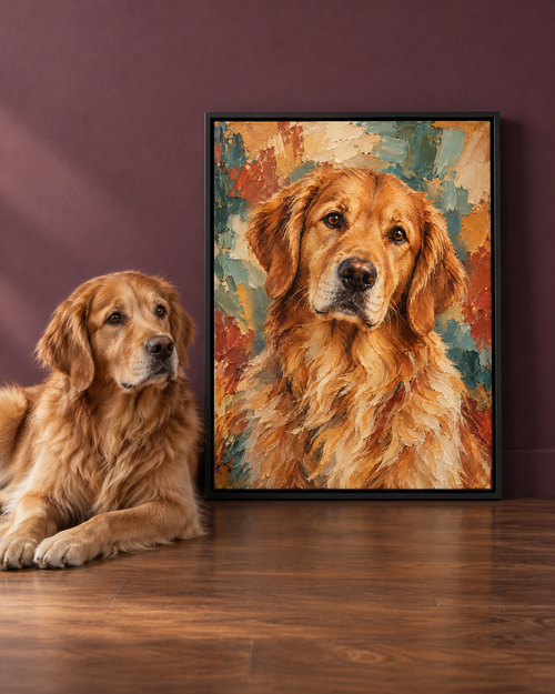 Amber expressive custom dog portrait displayed as colorful framed wall art