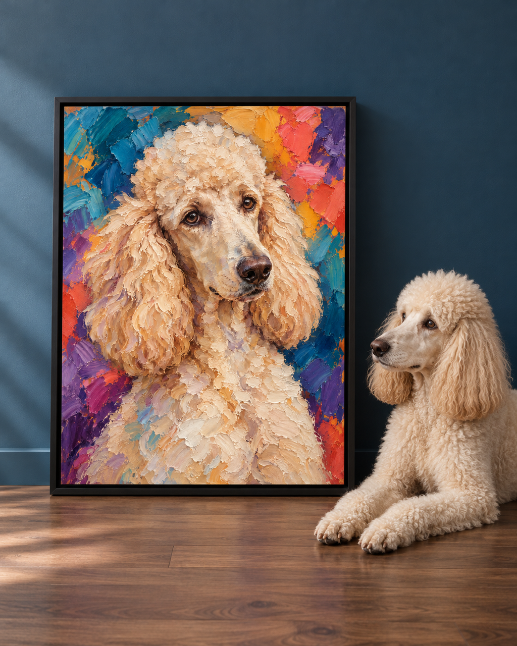 Prism expressive custom dog portrait displayed as colorful framed wall art