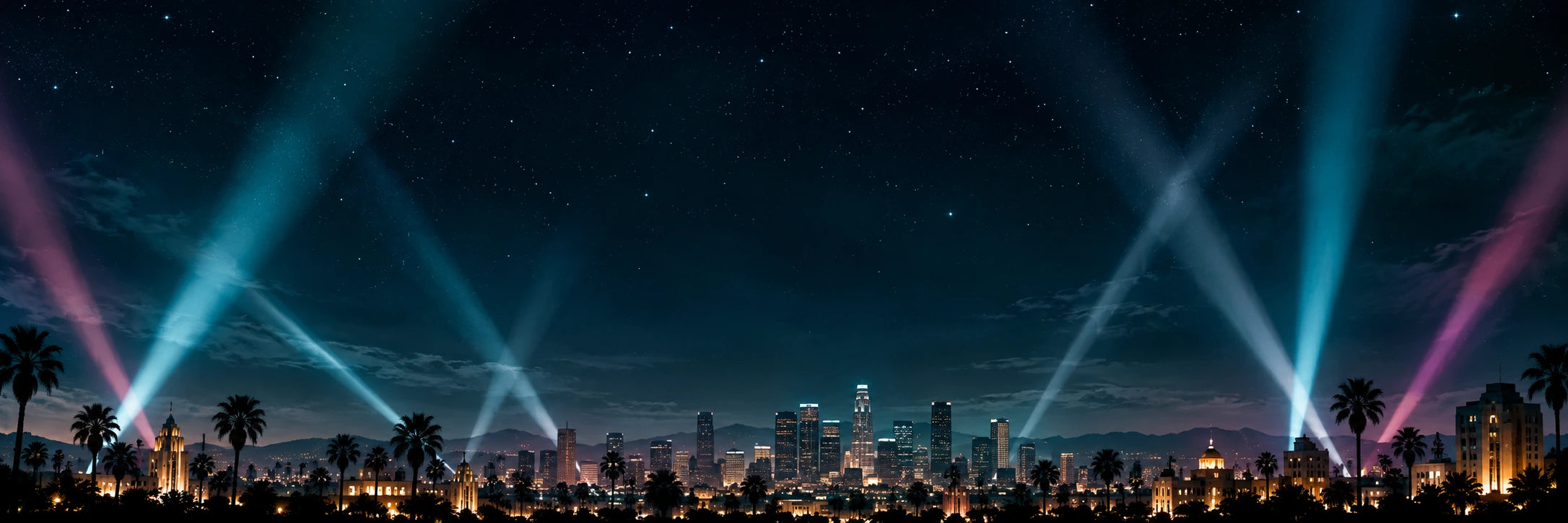Hollywood skyline with spotlights